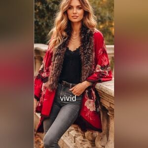 Anthroplogie Bold Floral Faux Fur Reversible Cape/Wrap Red 70"x25 NWT$160